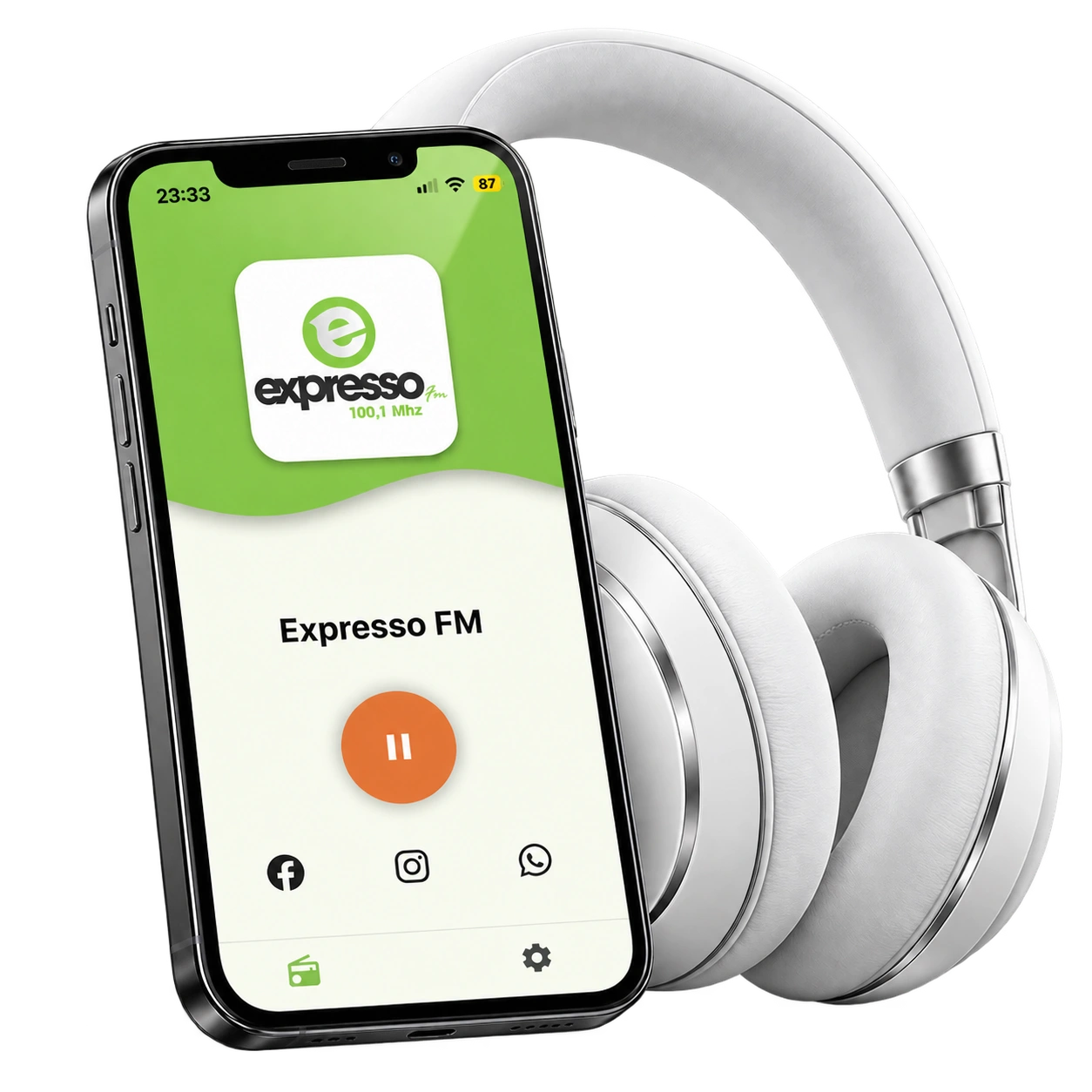 Expresso FM no celular com fones de ouvido