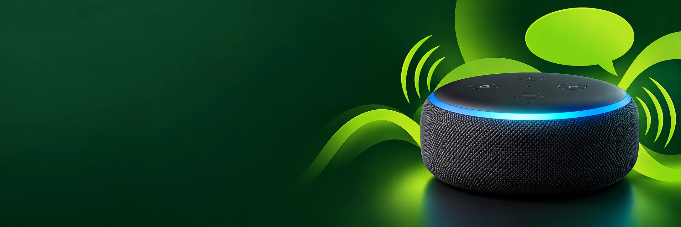 Caixa de som inteligente com anel azul e ondas sonoras verdes