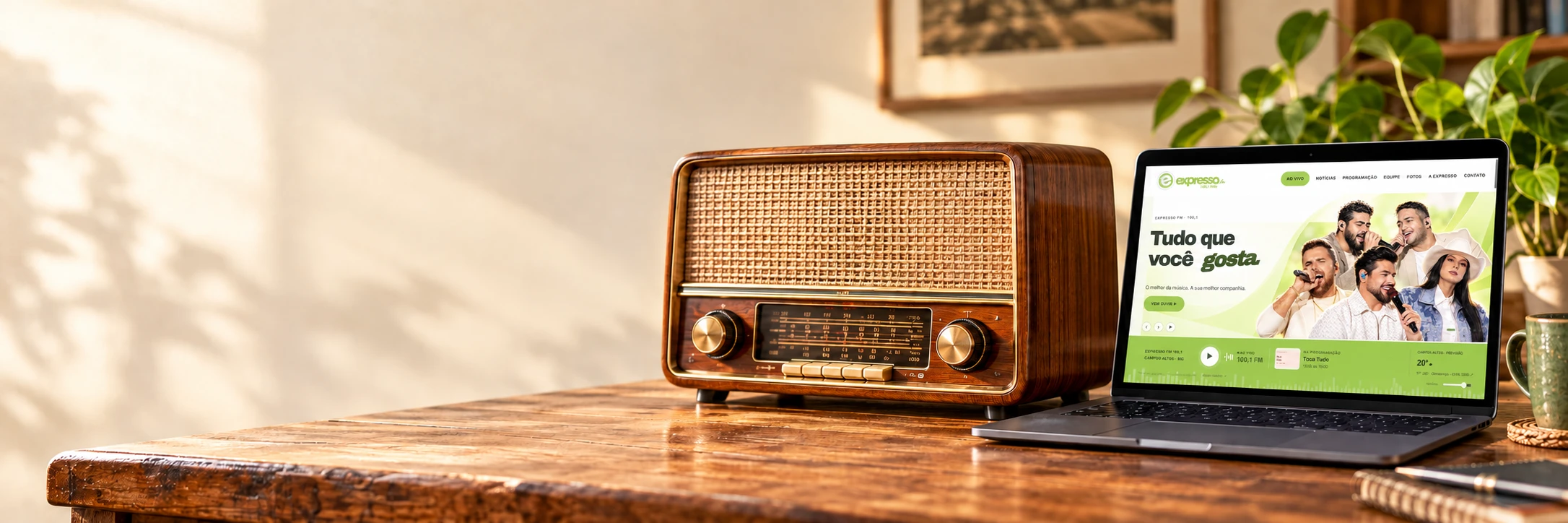 Rádio antigo ao lado de um notebook navegando no site da Expresso FM